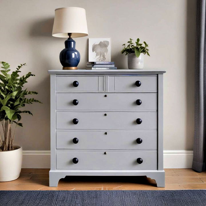 grey chest of drawers with navy blue knobs