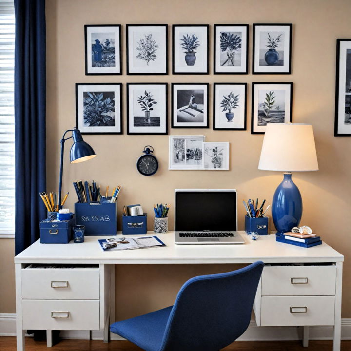 grey desk with navy blue accessories