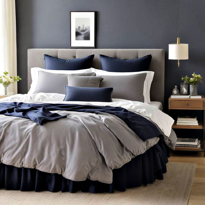 grey duvet cover with navy blue bed skirt