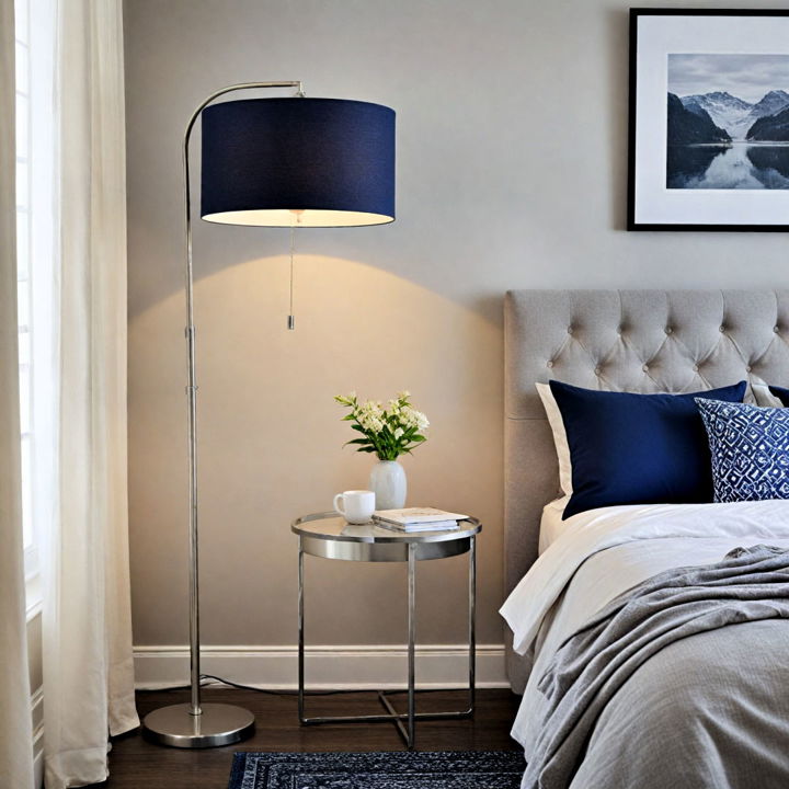 grey floor lamp with navy blue shade