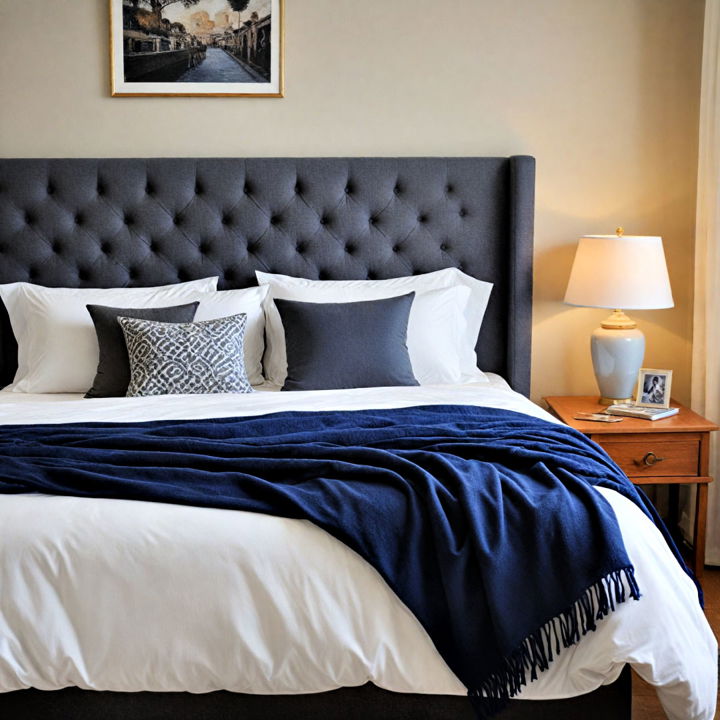 grey headboard and navy blue throw for a comfortable bedroom