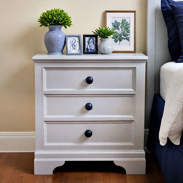 grey nightstand with navy blue drawer pulls