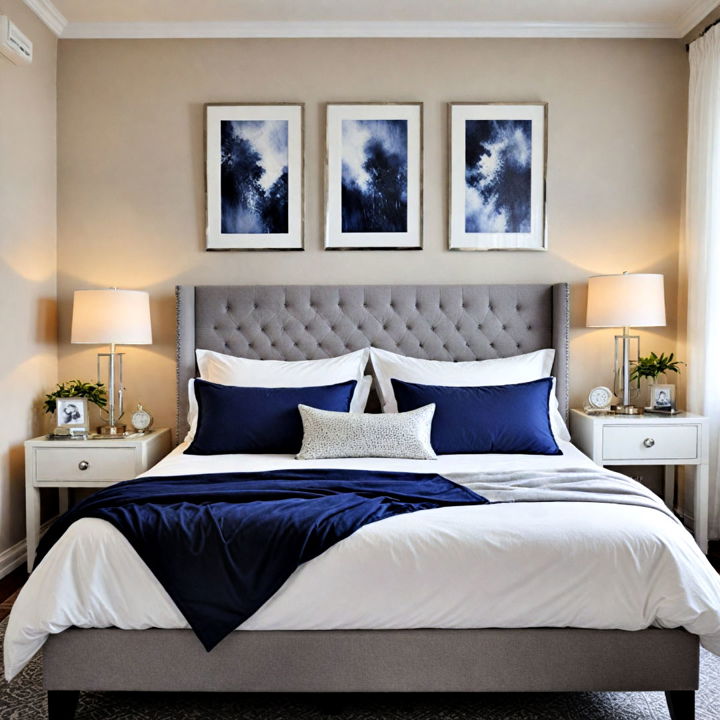 grey upholstered bed with navy blue accent pillows