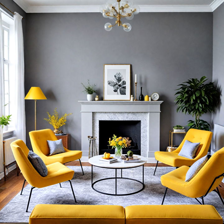 grey wall with yellow accent chairs