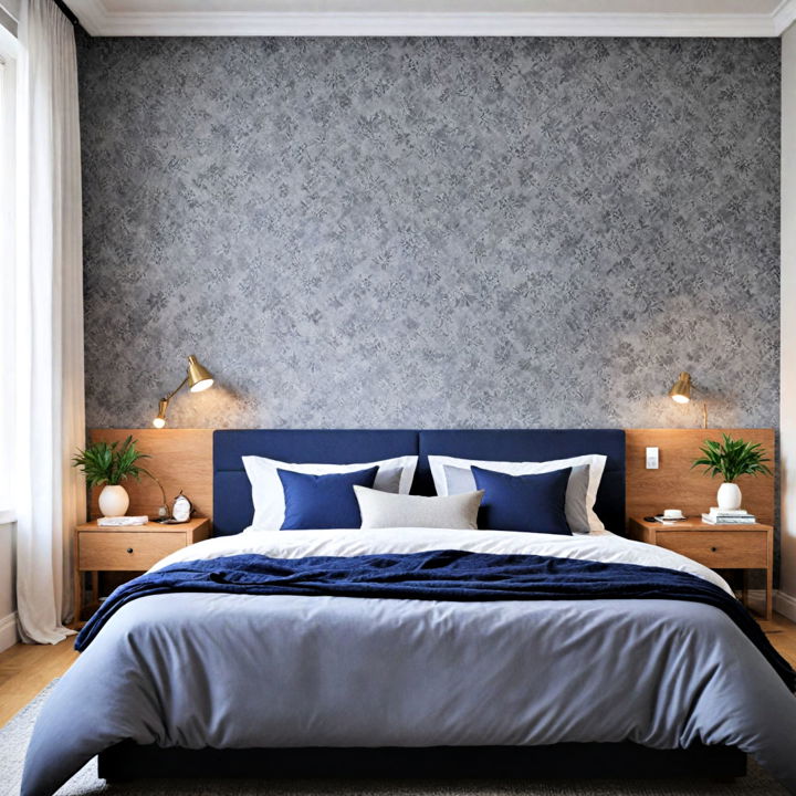 grey wallpaper with navy blue decor bedroom