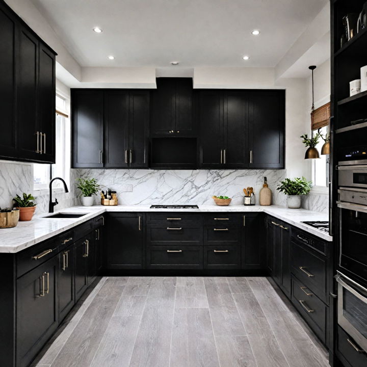 high contrast black kitchen cabinet with white countertop