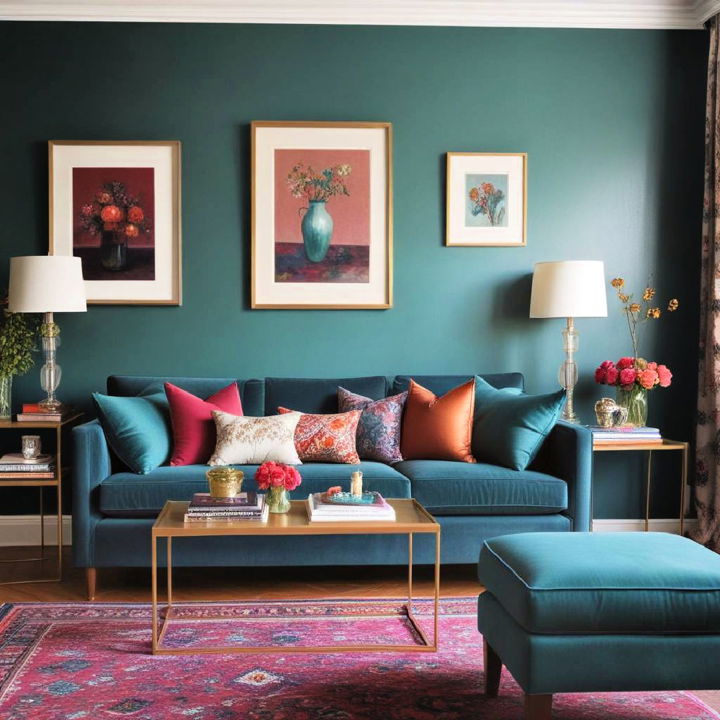 jewel tones and teal living room