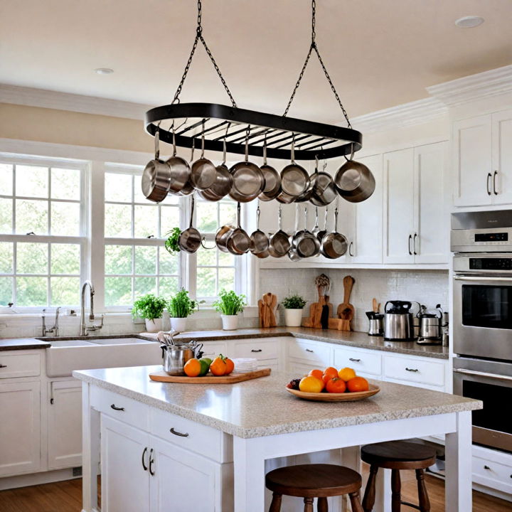 kitchen island with hanging pot rack