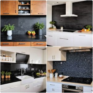 kitchen with black backsplash