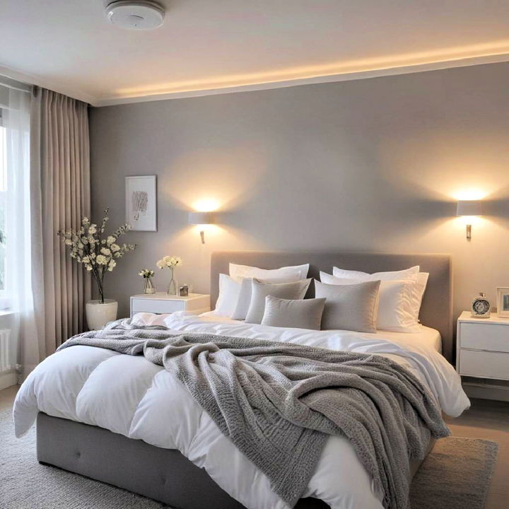 layered lighting for grey and white bedroom