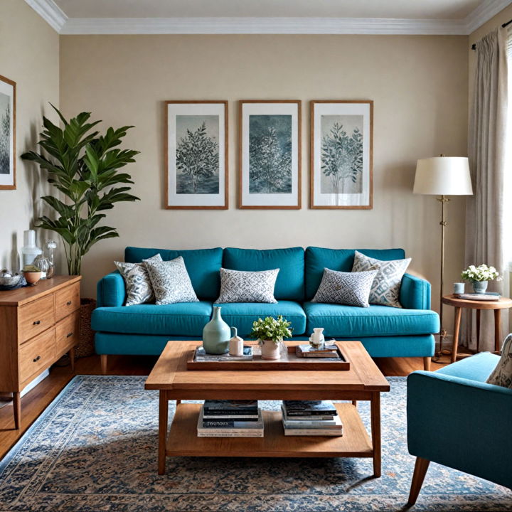 layering teal textiles living room