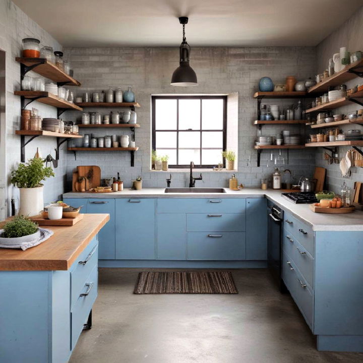 light blue cabinets with industrial elements