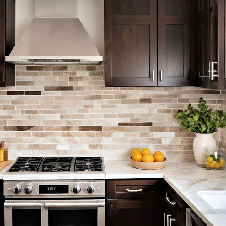 light colored backsplash with dark wooden cabinets