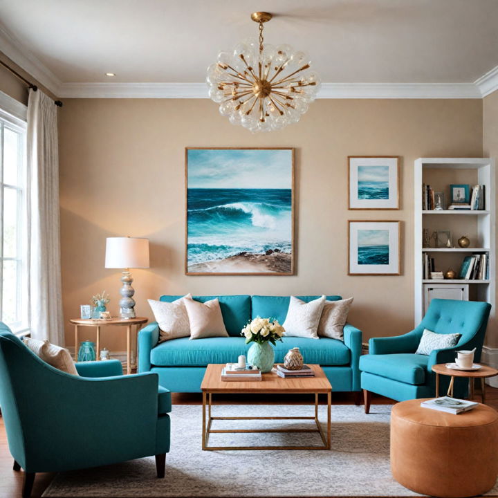 living room coastal vibes with teal