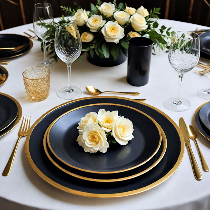 luxurious black dishes with gold rim centerpiece