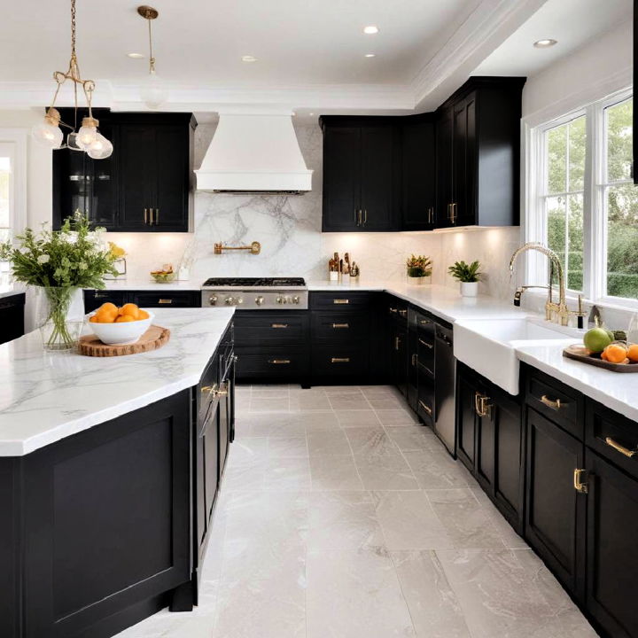 luxurious black kitchen cabinets with white countertop