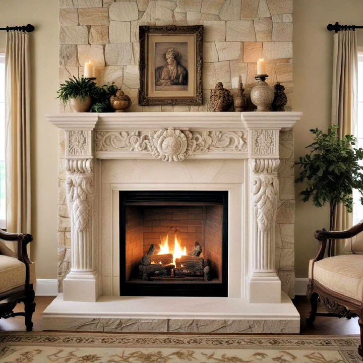 luxurious carved stone fireplace