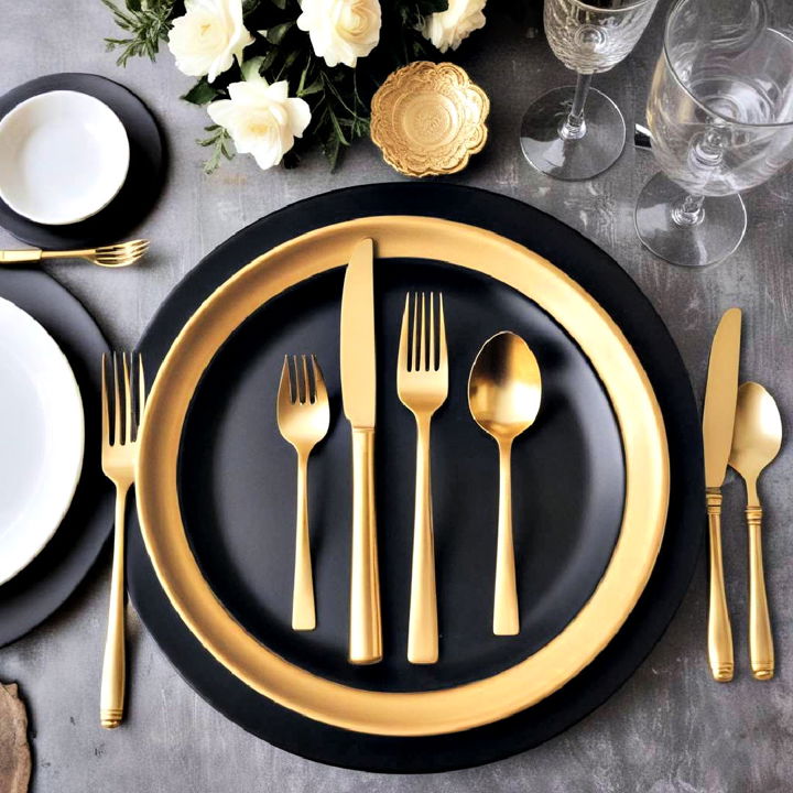 luxurious gold plated cutlery with black tableware