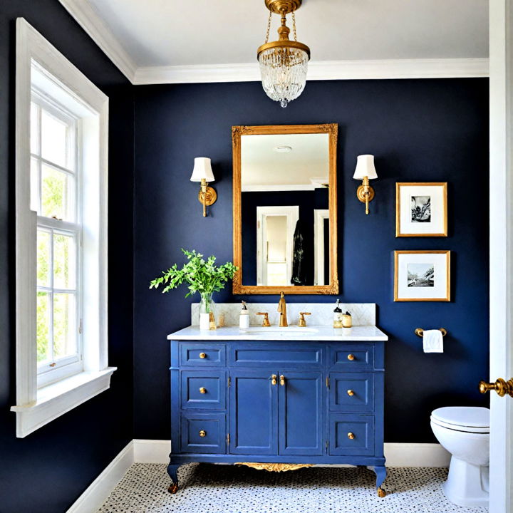 luxurious navy blue walls with gold fixtures