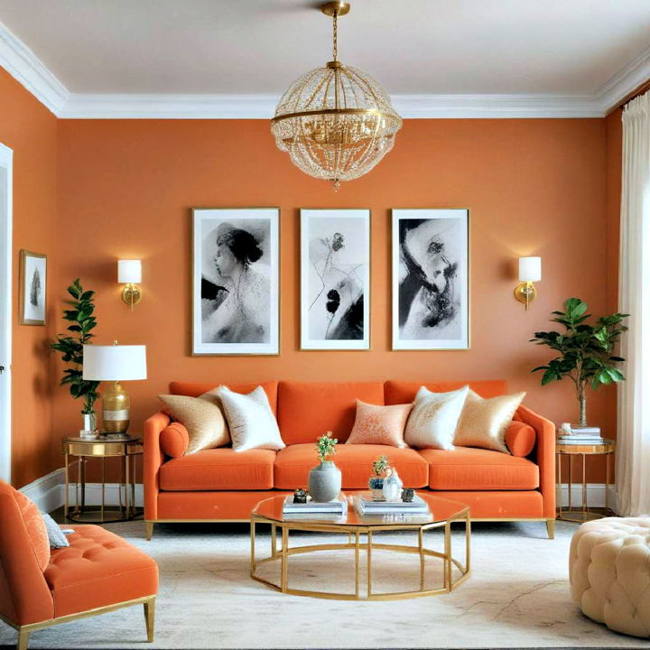 luxurious orange couch with metallic accents