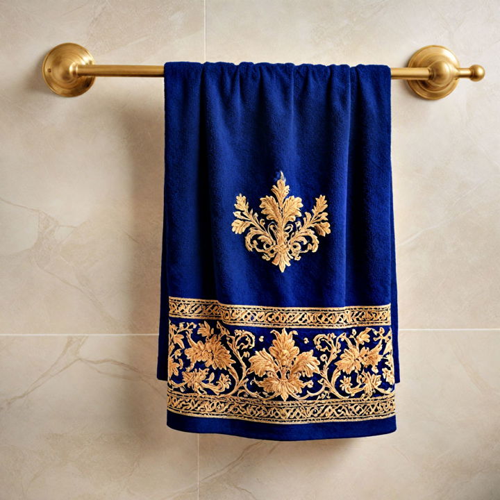 luxury navy blue towels with gold embroidery