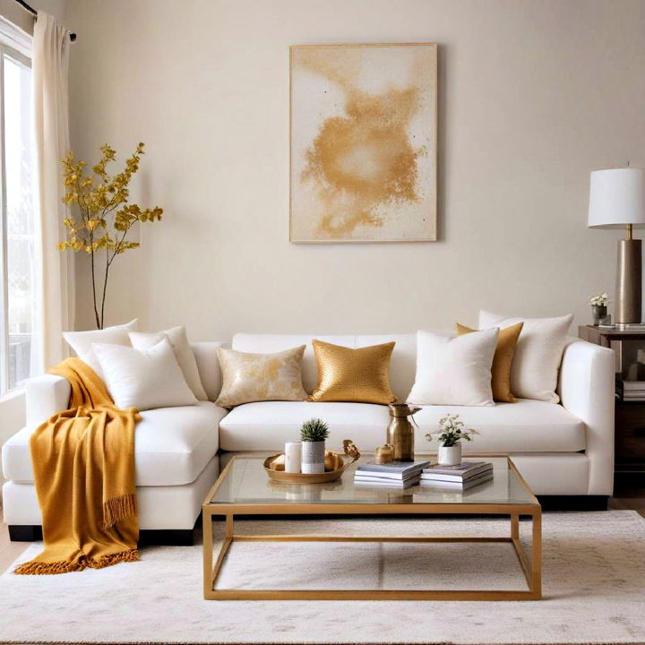 luxury white sectional with gold throw blanket