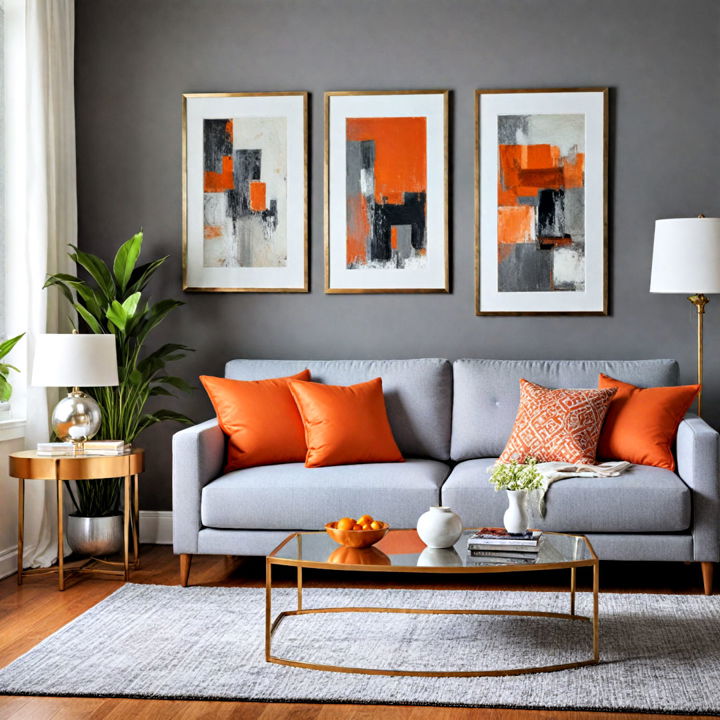 metallic accents to complement orange and grey living room