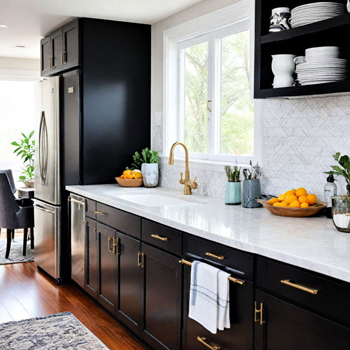 modern black kitchen cabinets with white countertop