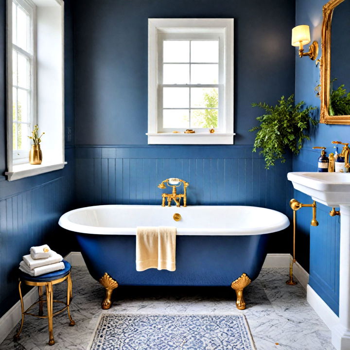 modern blue bathtub with gold faucets