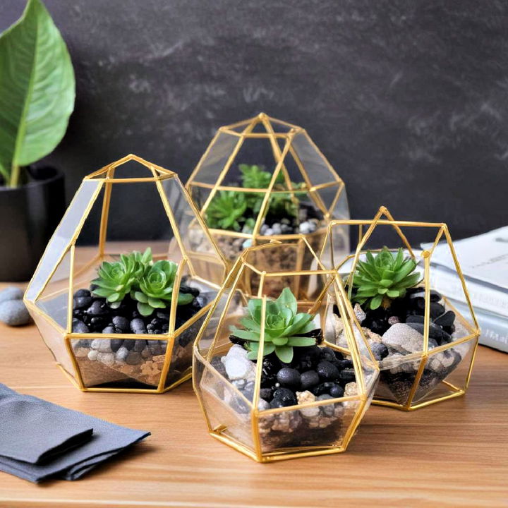 modern gold geometric terrariums with black stones