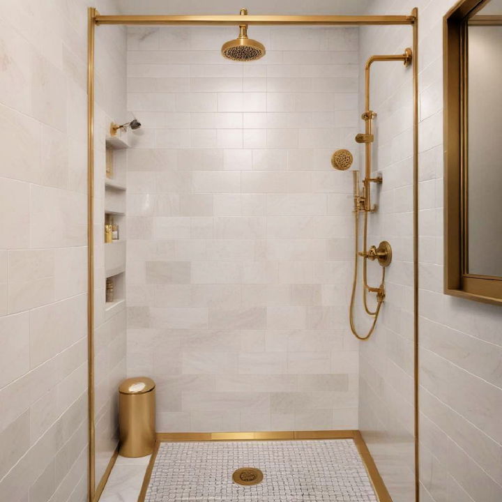 modern white shower tile with gold trim