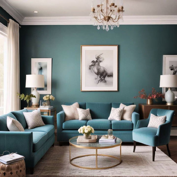 monochromatic teal scheme living room
