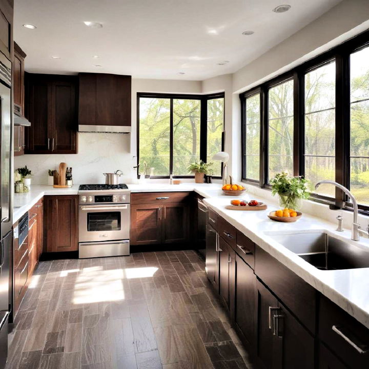 natural light to highlight dark wood cabinets