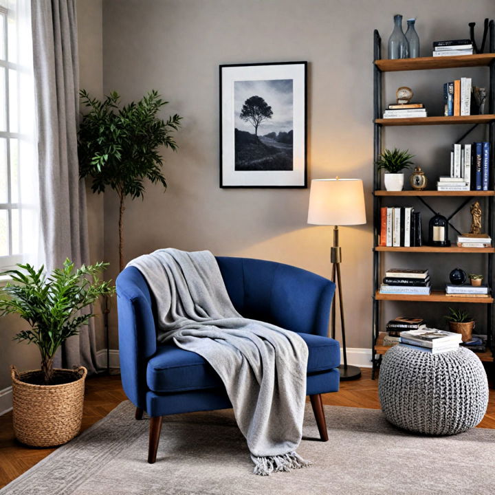 navy blue accent chair with grey throw blanket