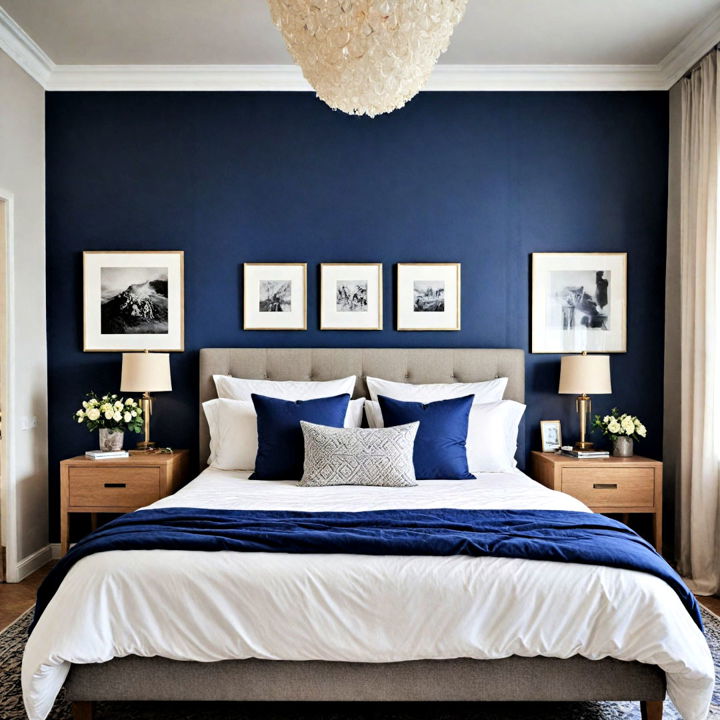 navy blue accent wall with grey furniture