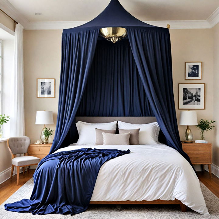 navy blue bed canopy with grey bedding