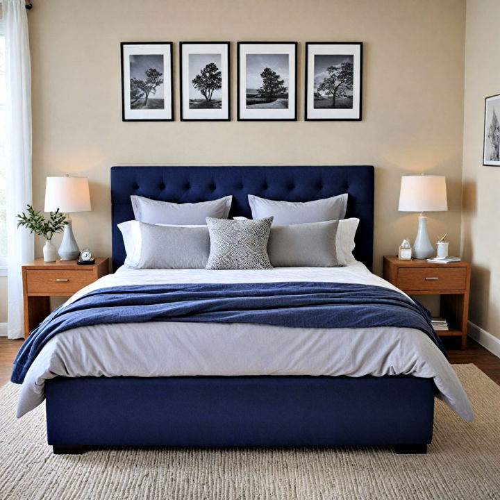 navy blue bed frame with grey linen