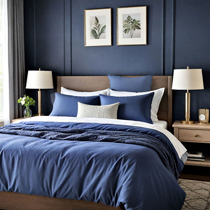 navy blue bedding with grey nightstands