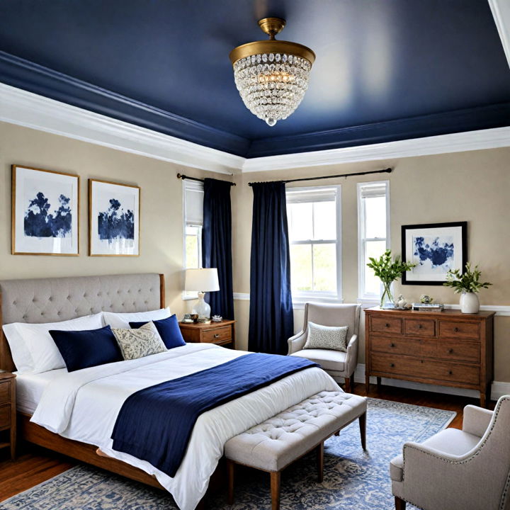 navy blue ceiling with grey accents bedroom