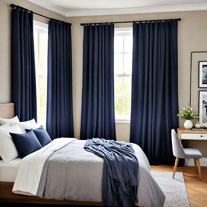 navy blue curtains with grey bedding