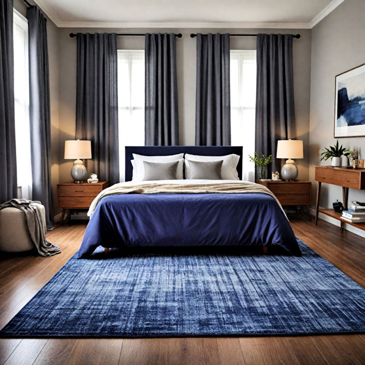 navy blue rug with grey curtains for bedroom