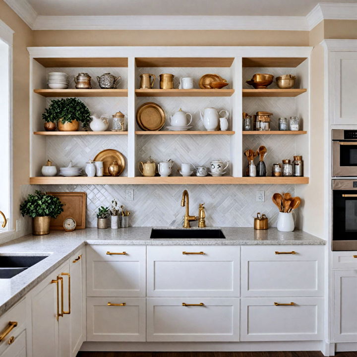 open shelving cabinets with gold hardware