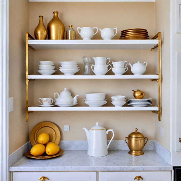open shelving with gold brackets