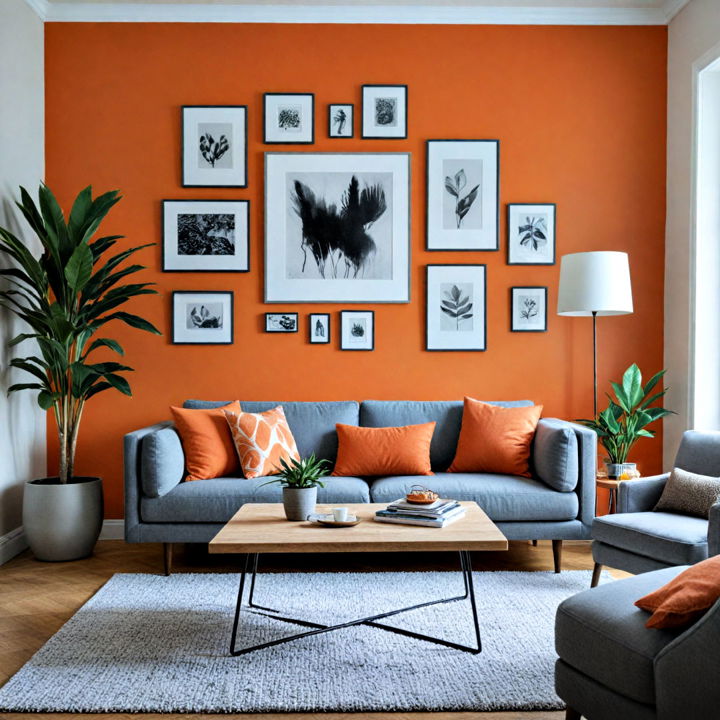 orange accent wall with grey furniture