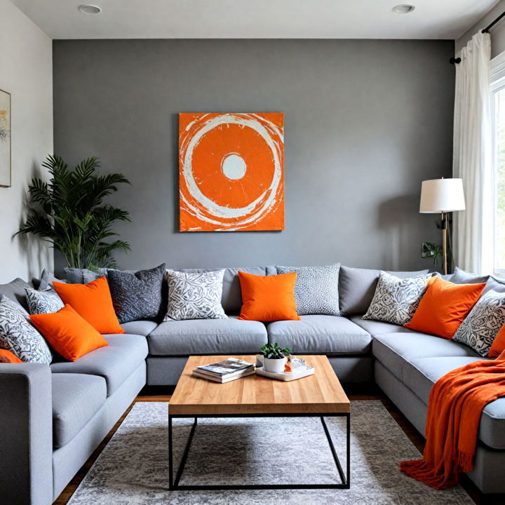 orange and grey accents living room