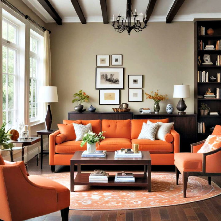 orange couch with dark wood furniture