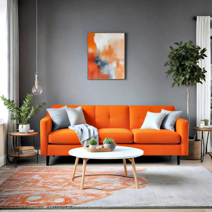 orange couch with grey accents for living room