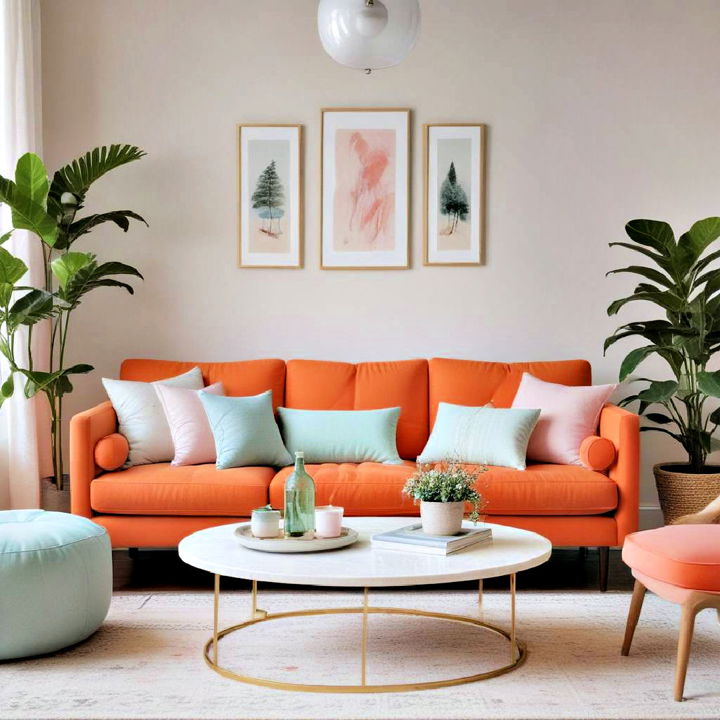 orange couch with pastel accents