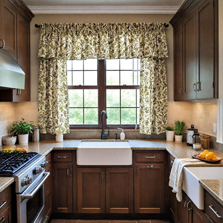 patterned curtains with dark wood kitchen cabinets