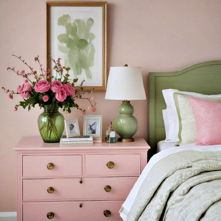 pink and green dresser accents